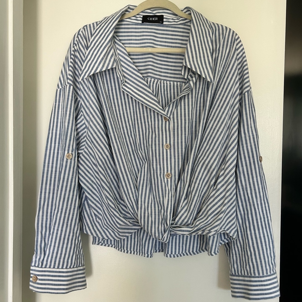 COTTON-BLEND COLLAR STRIPED KNOTTED ROLL-UP LONG SLEEVE SHIRT CURVE & PLUS